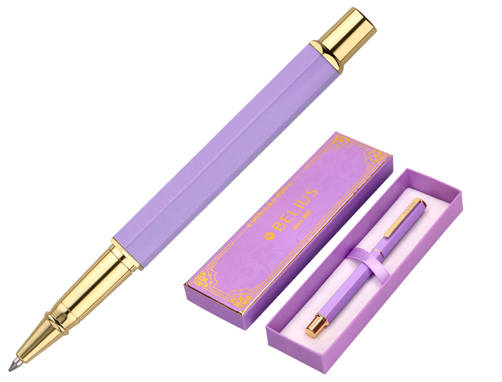 ESFEROGRAFICA BELIUS MACARON BLISS ALUMINIO DESENHO HEXAGONAL ROXO E DOURADO TINTA AZUL CAIXA DESIGN