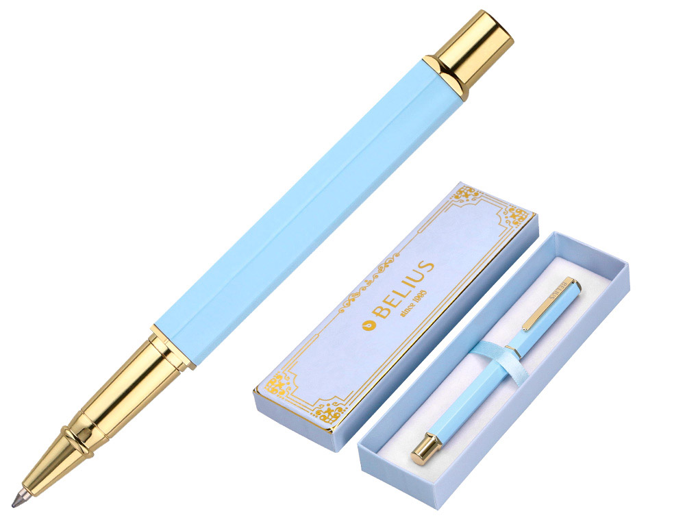 ESFEROGRAFICA BELIUS MACARON BLISS ALUMINIO DESENHO HEXAGONAL AZUL CELESTE E DOURADO TINTA AZUL CAIXA DESIGN