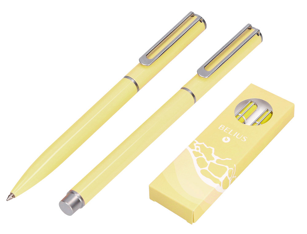 CONJUNTO ESFEROGRAFICA E ROLLER BELIUS ENDLESS SUMMER ALUMINIO DESENHO AMARELO E PRATEADO TINTA AZUL CAIXA DESIGN