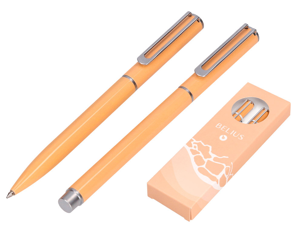 CONJUNTO ESFEROGRAFICA E ROLLER BELIUS ENDLESS SUMMER ALUMINIO DESENHO LARANJA E PRATEADO TINTA AZUL CAIXA DESIGN