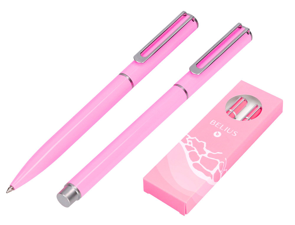 CONJUNTO ESFEROGRAFICA E ROLLER BELIUS ENDLESS SUMMER ALUMINIO DESENHO ROSA E PRATEADO TINTA AZUL CAIXA DESIGN