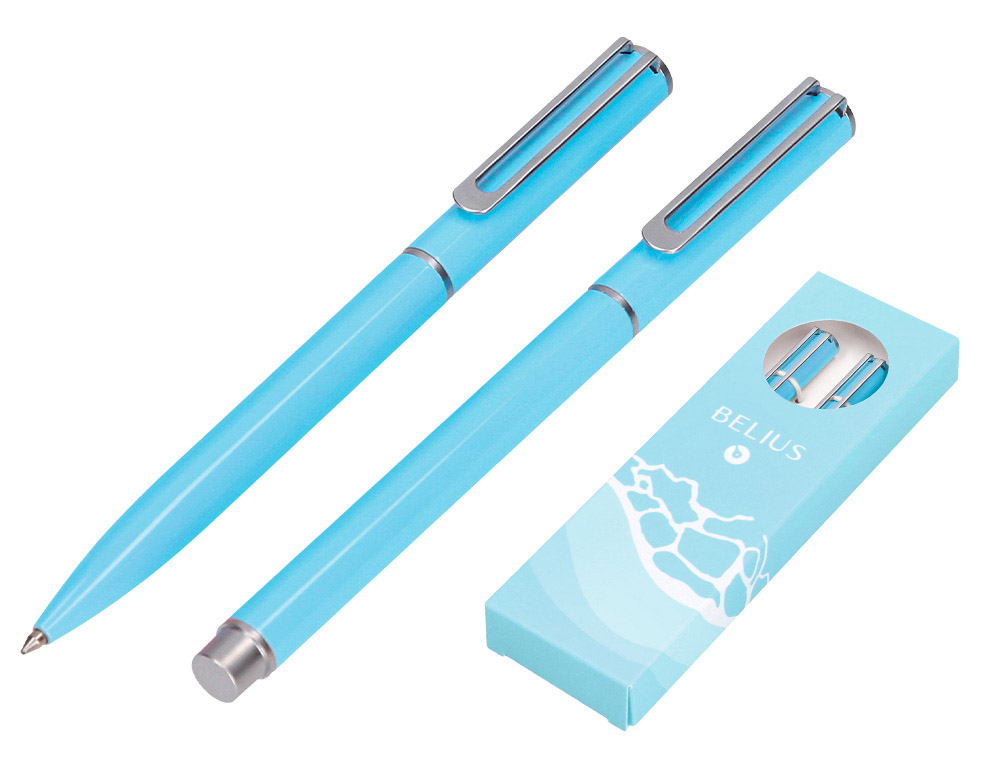 CONJUNTO ESFEROGRAFICA E ROLLER BELIUS ENDLESS SUMMER ALUMINIO DESENHO AZUL E PRATEADO TINTA AZUL CAIXA DESIGN