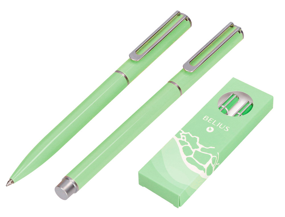 CONJUNTO ESFEROGRAFICA E ROLLER BELIUS ENDLESS SUMMER ALUMINIO DESENHO VERDE E PRATEADO TINTA AZUL CAIXA DESIGN