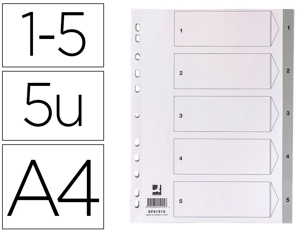 SEPARADOR NUMERICO Q-CONNECT PLASTICO 1-5 CONJUNTO DE 5 SEPARADORES DIN A4 MULTIPERFURADOS