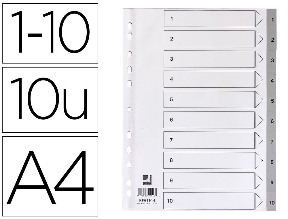 SEPARADOR NUMERICO Q-CONNECT PLASTICO 1-10 CONJUNTO DE 10 SEPARADORES DIN A4 MULTIPERFURADOS