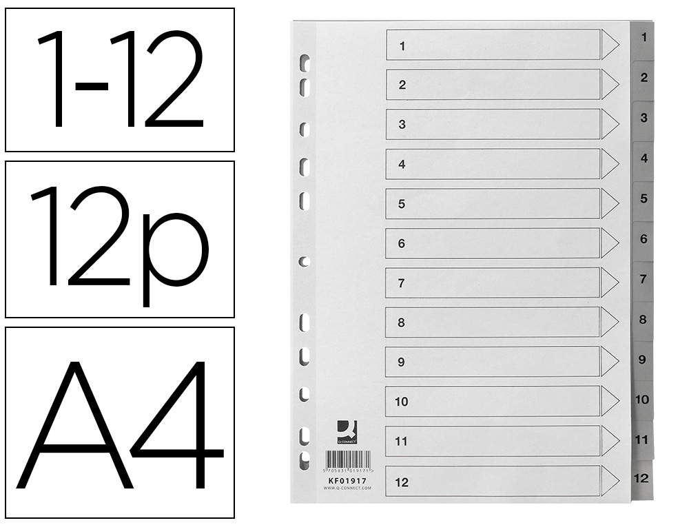 SEPARADOR NUMERICO Q-CONNECT PLASTICO 1-12 CONJUNTO DE 12 SEPARADORES DIN A4 MULTIPERFURADOS