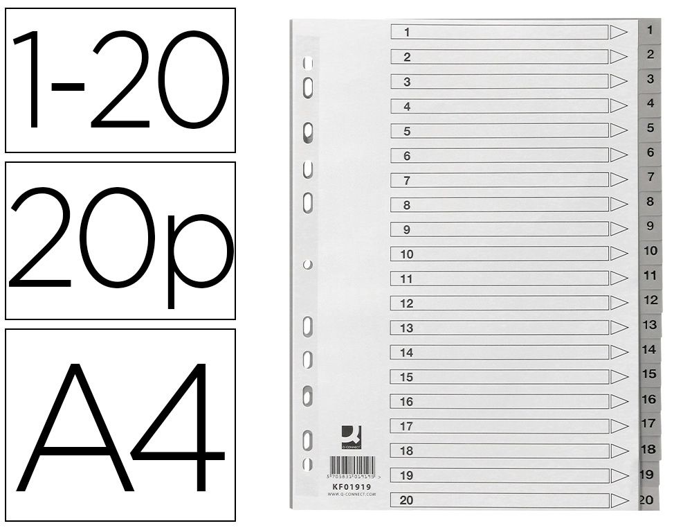 SEPARADOR NUMERICO Q-CONNECT PLASTICO 1-20 CONJUNTO DE 20 SEPARADORES DIN A4 MULTIPERFURADOS