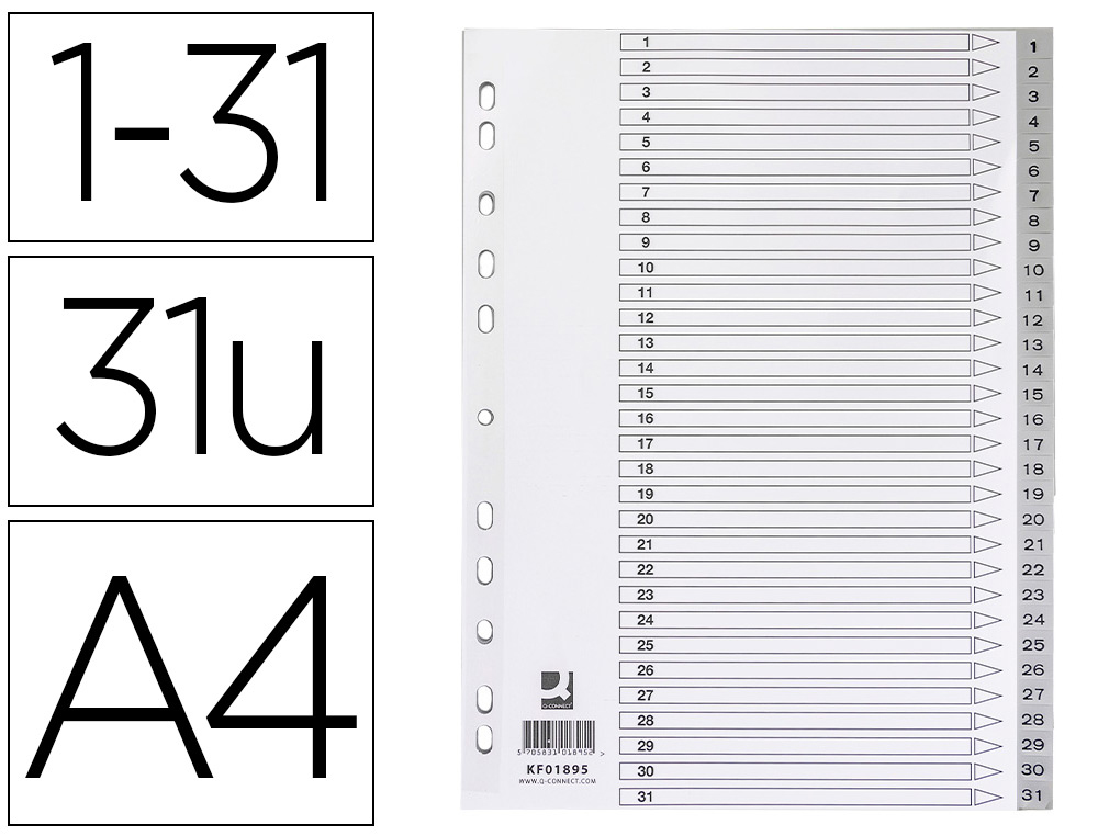 SEPARADOR NUMERICO Q-CONNECT PLASTICO 1-31 CONJUNTO DE 31 SEPARADORES DIN A4 MULTIPERFURADOS