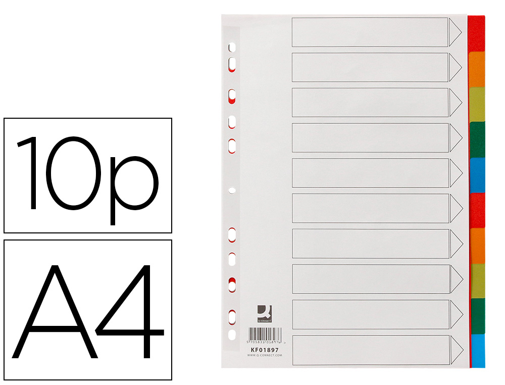 SEPARADOR Q-CONNECT PLASTICO CONJUNTO DE 10 SEPARADORES DIN A4 MULTIPERFURADOS
