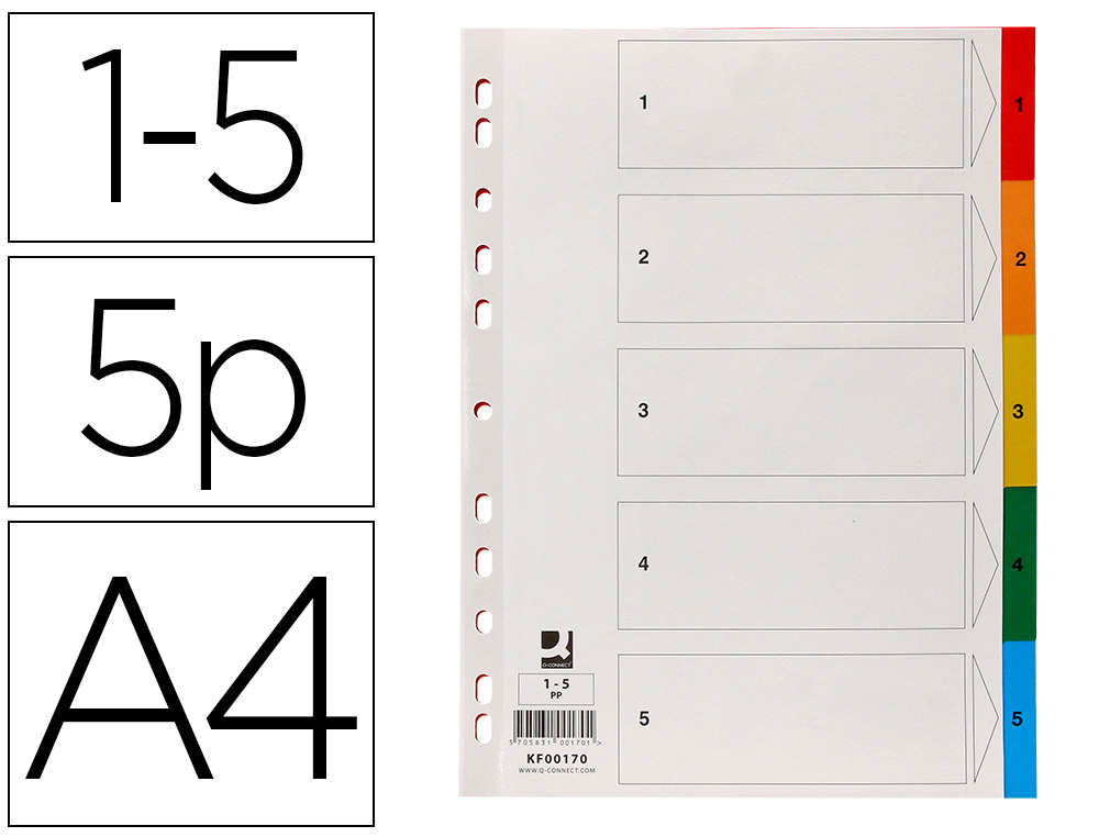 SEPARADOR Q-CONNECT PLASTICO CONJUNTO DE 5 SEPARADORES DIN A4 MULTIPERFURADOS
