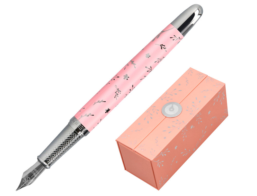 CANETA BELIUS BELLA ALUMINIO COR ROSA DESENHO PRATEADO RELEVO TINTA AZUL CAIXA DE DESIGN