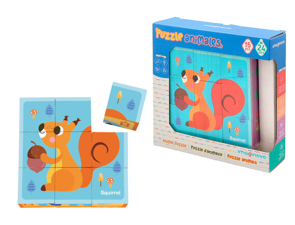 PUZZLE INFANTIL IMAGINOVO MADEIRA CUBOS DE ANIMAIS +24 MESES 15 PECAS INCLUI 12 PADROES 22X22X6,4CM