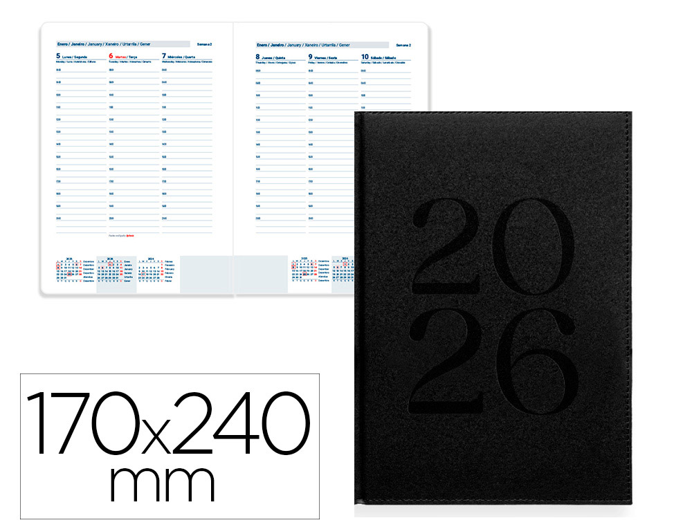 AGENDA ENCADERNADA LIDERPAPEL CRETA 17X24 2026 SEMANA VISTA PRETO PAPEL 70 GR FSC