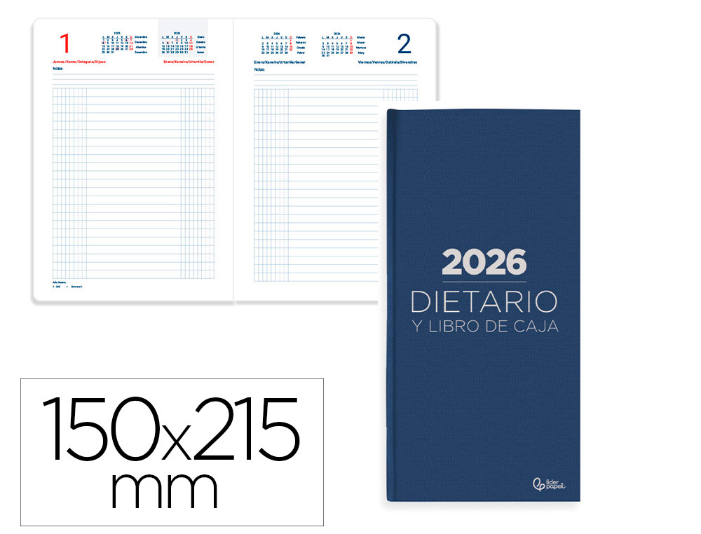 AGENDA ENCADERNADA LIDERPAPEL DIETARIO 150X215MM 2026 DIA PAGINA AZUL PAPEL 70 GR FSC