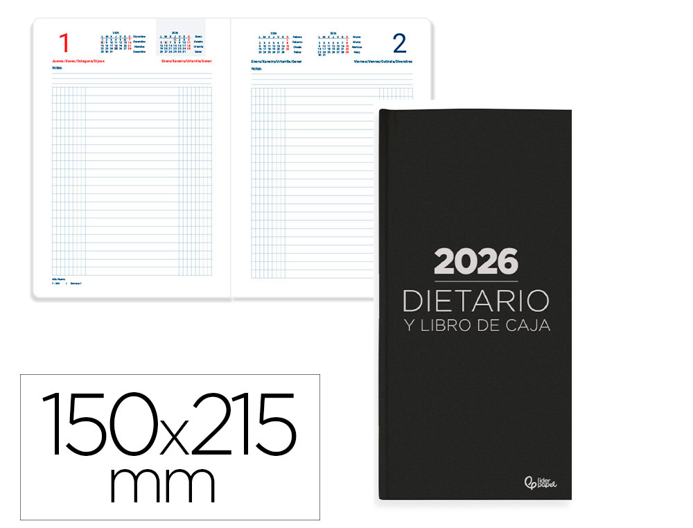 AGENDA ENCADERNADA LIDERPAPEL DIETARIO 150X215MM 2026 DIA PAGINA PRETO PAPEL 70 GR FSC