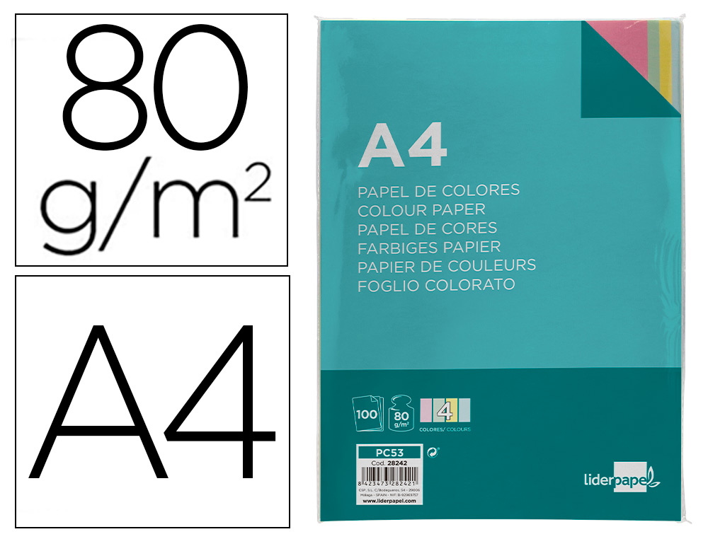 PAPEL DE COR LIDERPAPEL DIN A4 80 GR EMBALAGEM DE 100 FOLHAS 4 CORES X 25 FOLHAS