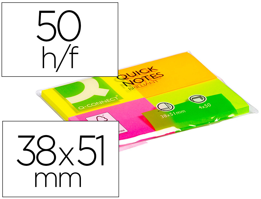BLOCO DE NOTAS ADESIVAS Q-CONNECT FLUORESCENTE 38 X 51 MM COM 50 FOLHAS PACK DE 4 UDS
