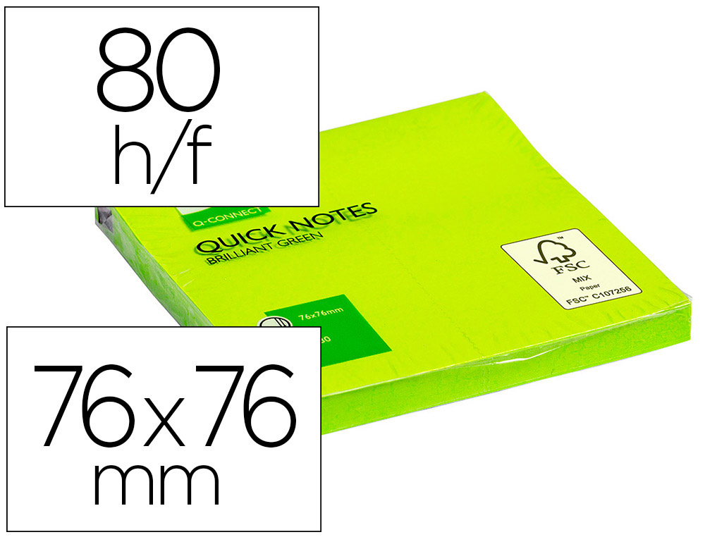 BLOCO DE NOTAS ADESIVAS Q-CONNECT VERDE FLUORESCENTE 76 X 76 MM COM 80 FOLHAS