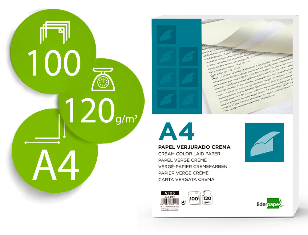 PAPEL VERGE LIDERPAPEL DIN A4 120 GR CREME EMBALAGEM DE 100 FOLHAS