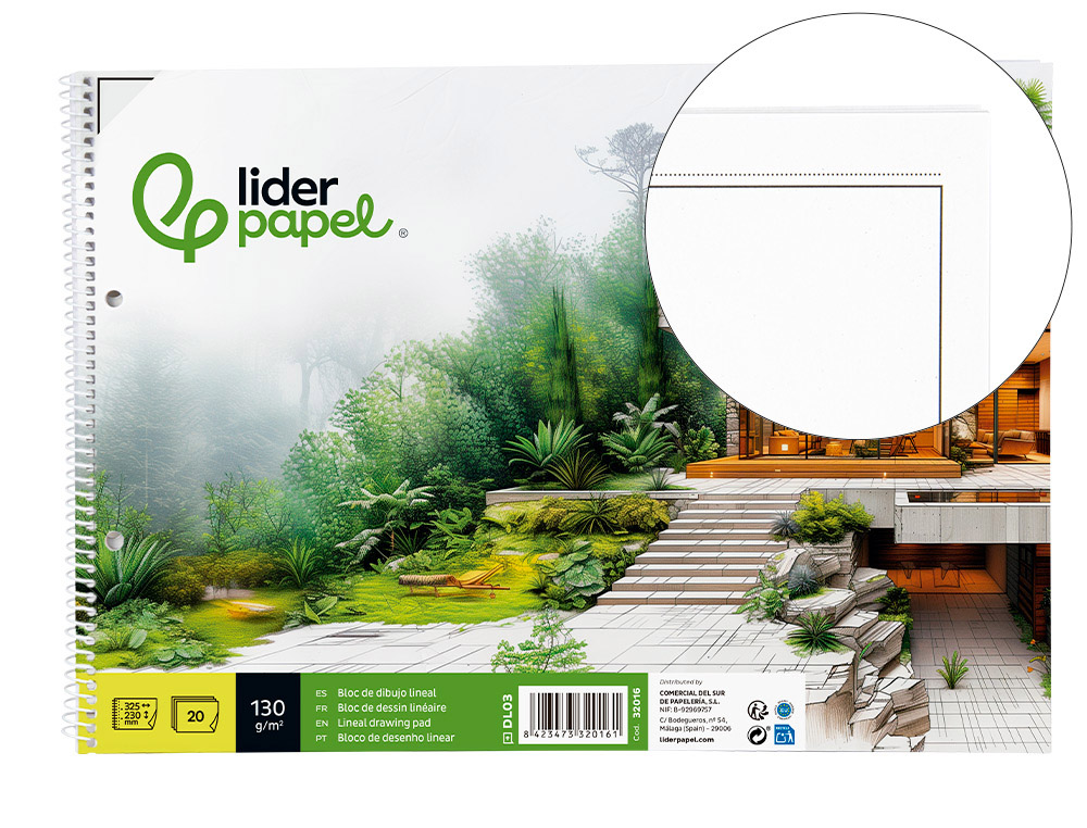 BLOCO DE DESENHO LIDERPAPEL LINEAL ESPIRAL 230X325MM 20 FOLHAS 130GR COM 2 FUROS PERFURADO