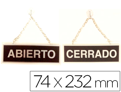 ROTULO METALICO SERIGRAFIADO ABIERTO Y CERRADO CON CADENA Y VENTOSA PARA COLGAR DE 74X232 MM
