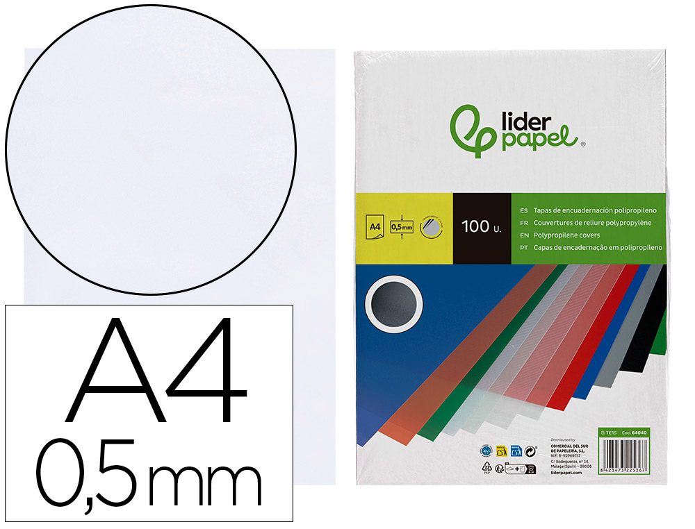 CAPA DE ENCADERNACAO LIDERPAPEL POLIPROPILENO DIN A4 0.5 MM TRANSPARENTE PACK DE 100 UNIDADES