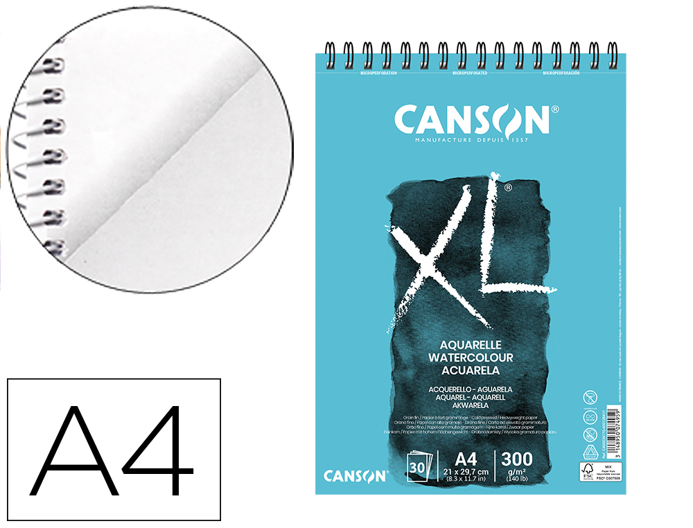 BLOCO DE DESENHO AGUARELA CANSON XL AQUARELLE GRANO FINO DIN A4 MICROPERFURADO ESPIRAL 21X29,7 CM 30 FOLHAS 300 GR