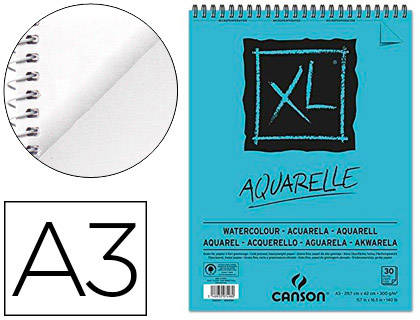 BLOCO DE DESENHO AGUARELA CANSON XL AQUARELLE GRANO FINO DIN A3 MICROPERFURADO ESPIRAL 29,7X42 CM 30 FOLHAS 300 GR