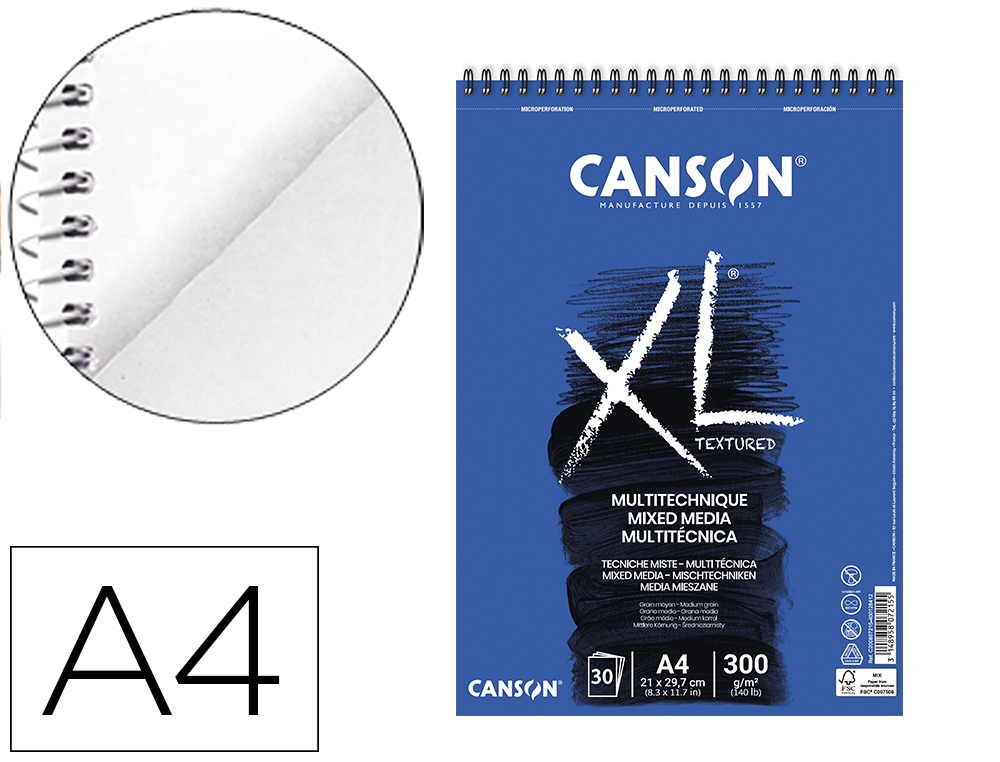BLOCO DE DESENHO AGUARELA CANSON XL MIX MEDIA GRANO MEDIO DIN A4 MICROPERFURADO ESPIRAL 21X29,7 CM 30 FOLHAS 300 GR