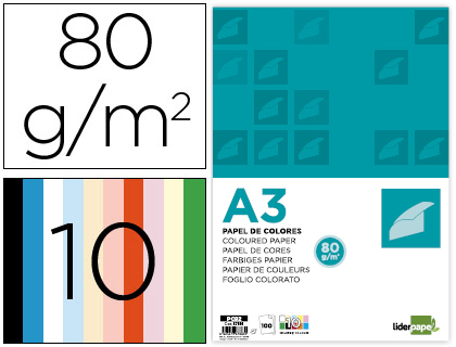 PAPEL DE COR LIDERPAPEL DIN A3 80 GR 10 CORES SORTIDAS EMBALAGEM DE 100 FOLHAS