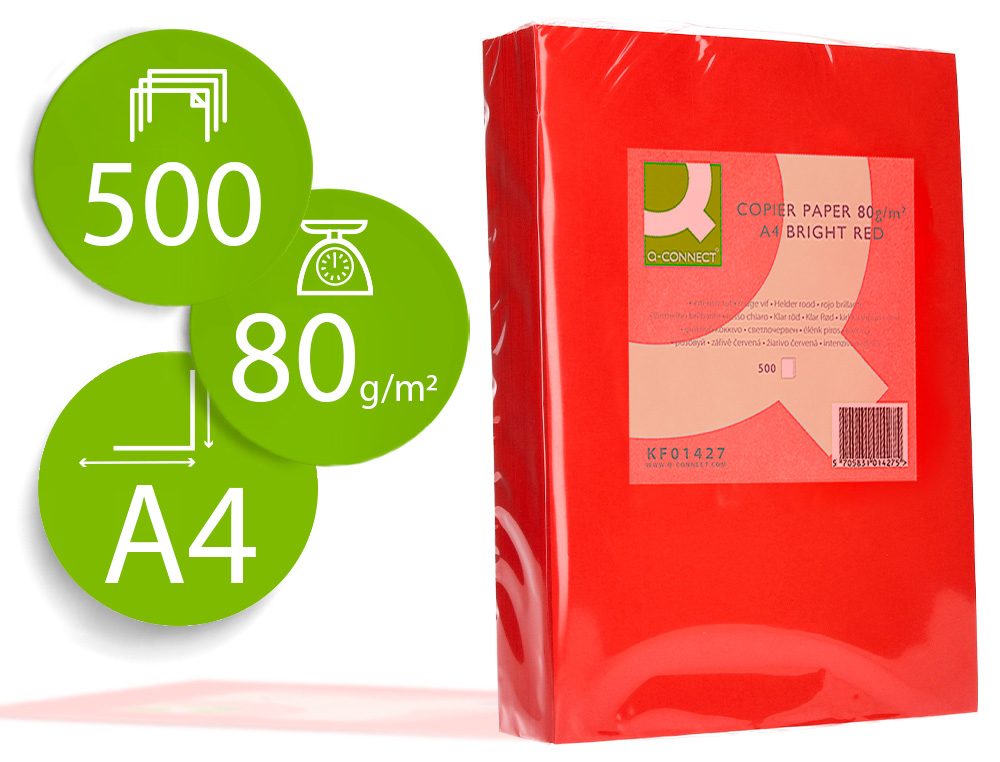 PAPEL DE COR Q-CONNECT DIN A4 80 GR VERMELHO INTENSO EMBALAGEM DE 500 FOLHAS