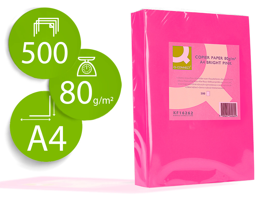 PAPEL DE COR Q-CONNECT DIN A4 80 GR ROSA INTENSO EMBALAGEM DE 500 FOLHAS