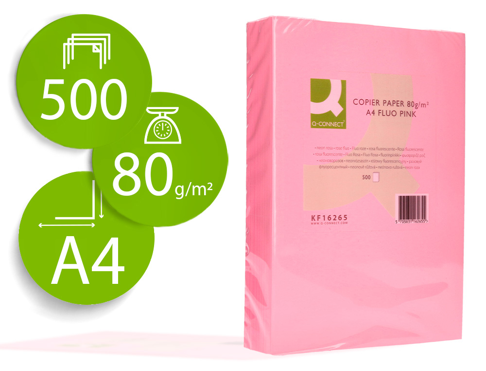 PAPEL DE COR Q-CONNECT DIN A4 80 GR ROSA NEON EMBALAGEM DE 500 FOLHAS