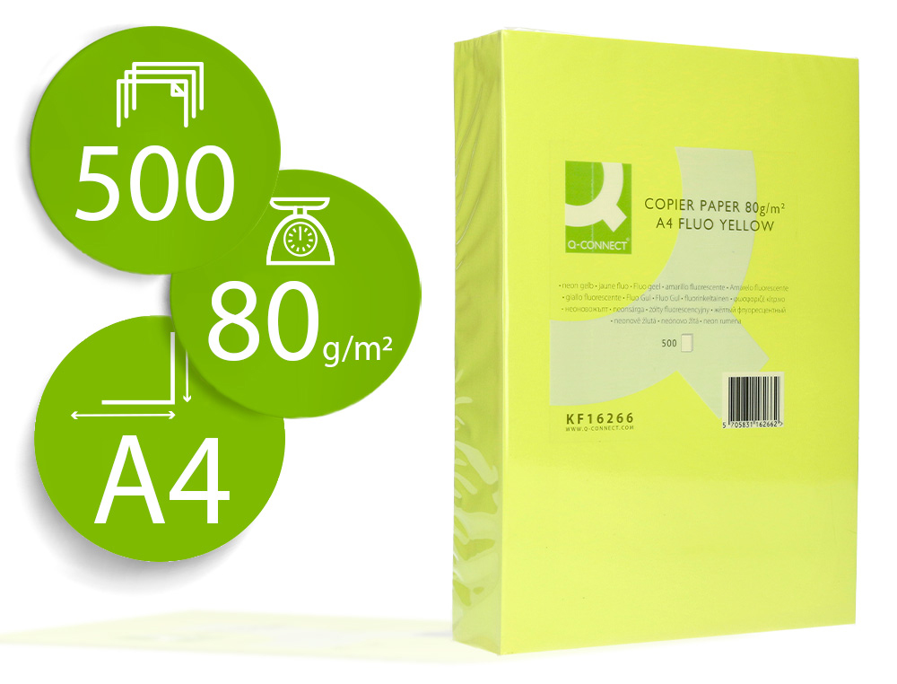 PAPEL DE COR Q-CONNECT DIN A4 80 GR AMARELO NEON EMBALAGEM DE 500 FOLHAS