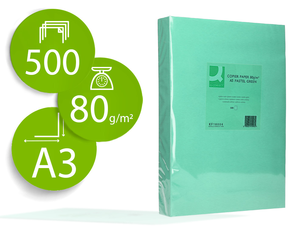 PAPEL DE COR Q-CONNECT DIN A3 80 GR VERDE EMBALAGEM DE 500 FOLHAS