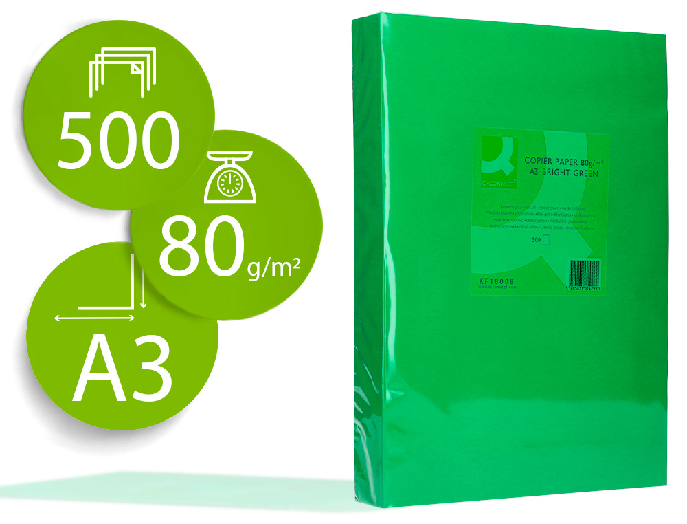 PAPEL DE COR Q-CONNECT DIN A3 80 GR VERDE INTENSO EMBALAGEM DE 500 FOLHAS
