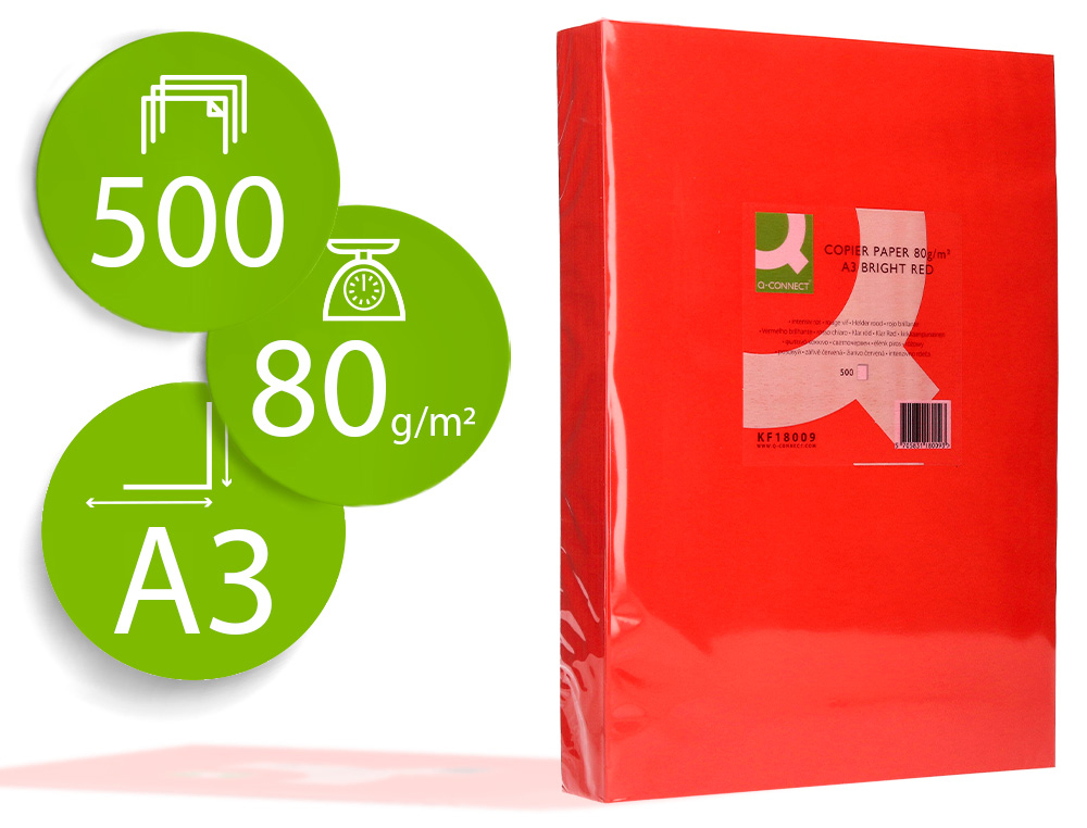 PAPEL DE COR Q-CONNECT DIN A3 80 GR VERMELHO INTENSO EMBALAGEM DE 500 FOLHAS