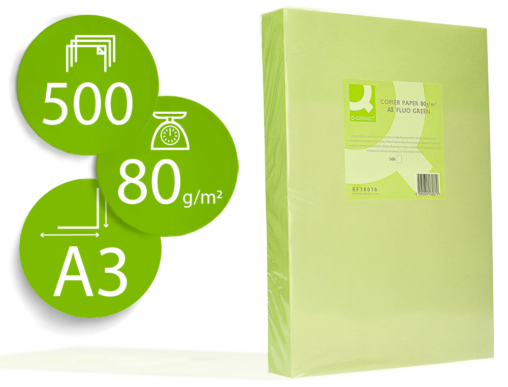 PAPEL DE COR Q-CONNECT DIN A3 80 GR VERDE NEON EMBALAGEM DE 500 FOLHAS