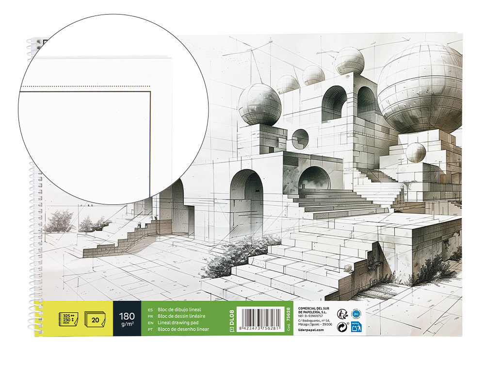 BLOCO DE DESENHO LIDERPAPEL LINEAL ESPIRAL 230X325MM 20 FOLHAS 180 GR COM ESQUADRIA