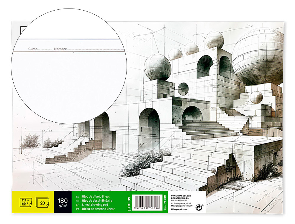 BLOCO DE DESENHO LIDERPAPEL LINEAL COLADO 230X325MM 20 FOLHAS 180 GR COM ESQUADRIA