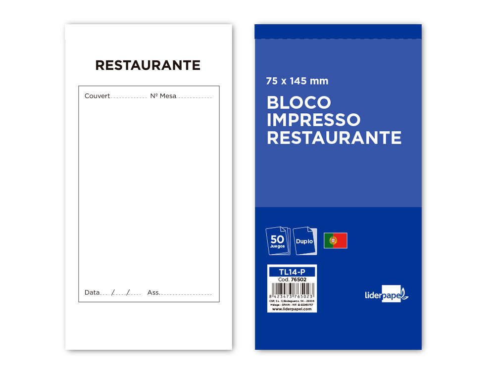 BLOCO LIDERPAPEL RESTAURANTE 145X75 MM ORIGINAL E COPIA TEXTO EM PORTUGUES