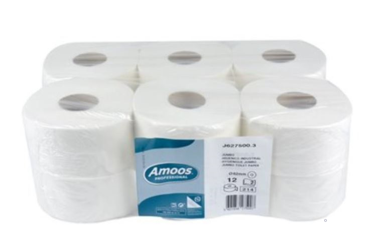 PAPEL HIGINICO JUMBO DE FOLHA DUPLA 75 METROS MARCA AMOOS PACK 12 ROLOS